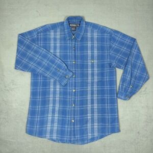 Vintage 90s Blue Plaid Flannel Shirt Cotton Button Down Oversized Mens M